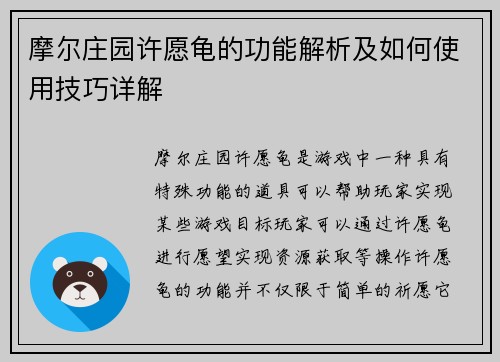 摩尔庄园许愿龟的功能解析及如何使用技巧详解